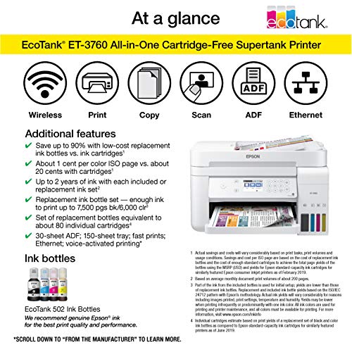 Epson EcoTank ET-3760 Wireless Color All-in-One Supertank Printer for Home Office, with Up to 2 Years of Ink Included in The Box (Renewed)