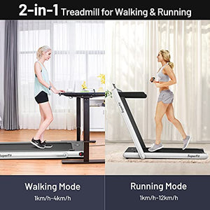 GYMAX Under Desk Treadmill, Folding 2 in 1 Electric Running Walking Machine with Smart App Control, Remote, Bluetooth Speaker & Dual LED Screen Monitor, Portable for Home Gym Small Apartment (Pearl)