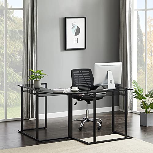 WANYI Black, 56" L Molded Computer Desk Gaming Desk Home Office Writing Workstation Toughened Glass Study Keyboard Modern Table for Modest Spaces