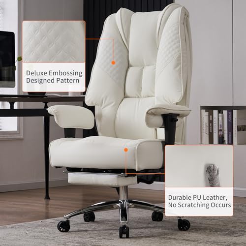 EXCEBET Big and Tall Leather Office Chair with Foot Rest - White