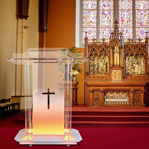 LAYIQDC Transparent Church Pulpit with Hollow Cross Design and LED Acrylic Podium on Wheels