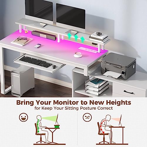 Rolanstar White L Shaped Computer Desk with Drawers, Power Outlet, LED Strip, and Keyboard Tray