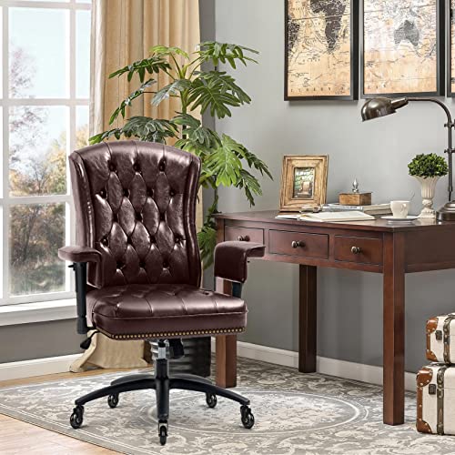 YAMASORO High Back Ergonomic Executive Office Chair with Wheels and Arms, Brown Faux Leather