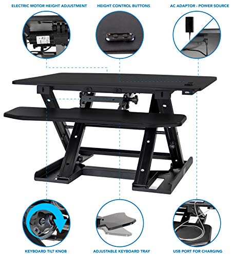 Mount-It! Electric Standing Desk Converter, Motorized Sit Stand Desk with Built in USB Port, Ergonomic Adjustable Workstation, Black (MI-7965)