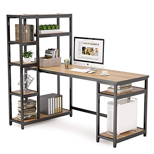 Tribesigns Reversible Computer Office Desk with 9-Tier Storage Shelves, 67 inch Large PC Laptop Study Writing Table Workstation with Hutch Bookshelf and CPU Stand for Home Office (Oak)