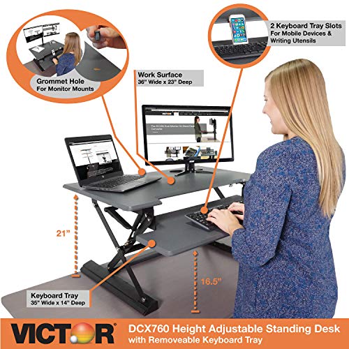 Victor DCX760 High Rise Collection Height Adjustable Standing Desk with Removable Keyboard Tray | Gray | 36" Wide Standing Desk | Professional or Home Use | Compatible with Most Monitor Arms