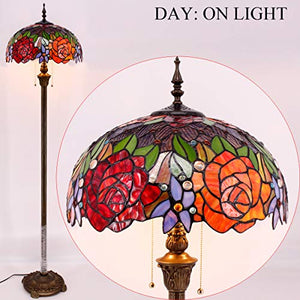 WERFACTORY Tiffany Floor Lamp Red Yellow Rose Stained Glass Standing Reading Light 16X16X64 Inches Antique Pole Corner Lamp