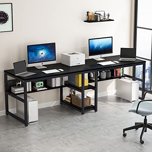 Tribesigns Two Person Desk with Bookshelf, 78.7 Computer Office Double Desk, Rustic Writing Workstation (Black)