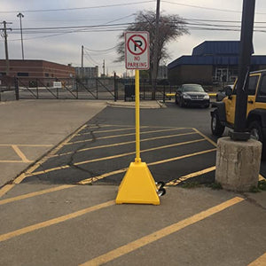 Ideal Shield - Portable Sign Base and Sign Holder, 96"H. Perfect for Curbside Delivery. Includes Blue Pyramid Shaped Sign Base with Wheels, Sign Post and Sign Brackets. Signs Not Included