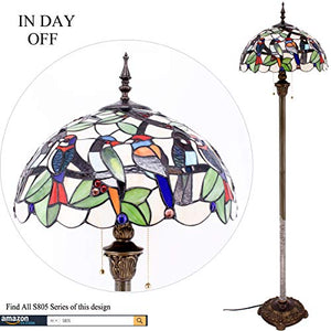 WERFACTORY Tiffany Floor Lamp Double Birds Amber Stained Glass 16X16X64 Inches Antique Pole Corner Lamp - S805 Series