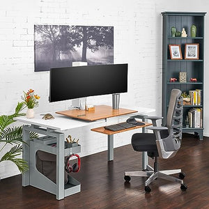 UPLIFTDESK E7 Electric Standing Desk Converter - Black Base, Natural Rubberwood Worksurface (Triple Monitor)