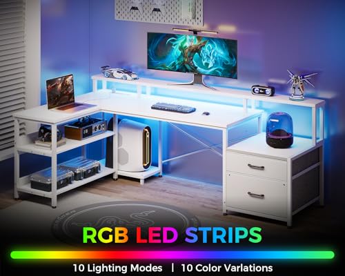 ODK L Shaped Desk with File Drawer, 75" Reversible Computer Desk, Power Outlet, LED Strip, Storage Shelves, Monitor Shelf - White