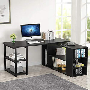 L-Shaped Computer Desk, Tribesigns Rotating Corner Computer Desk with Bookcase and File Cabinet (Black)