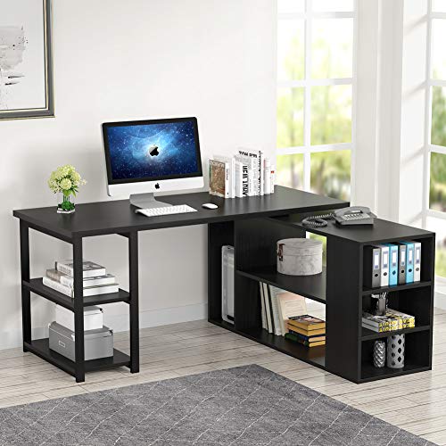 L-Shaped Computer Desk, Tribesigns Rotating Corner Computer Desk with Bookcase and File Cabinet (Black)