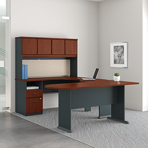 Bush Business Furniture Series A U Shaped Desk with Hutch, Peninsula and Storage in Hansen Cherry and Galaxy