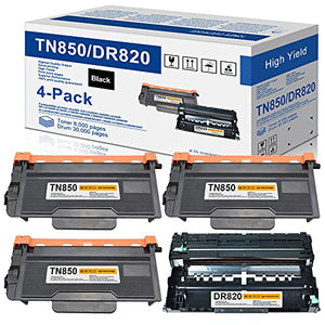 4-Pack(3 Toner, 1 Drum) TN850 Toner & DR820 Drum Unit Set Compatible for Brother DCP-L5500DN L5600DN L5650DN HL-L6200DW L6200DWT L5200DWT L5200DW L5100DN L5000D MFC-L5850DW L5900DW Printer