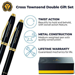 Engraved Cross Pen Set | Personalized AT Cross Townsend Black Ballpoint and Rollerball Pen Set with 23k Gold Accents. Custom Engraved Fast by Dayspring Pens.