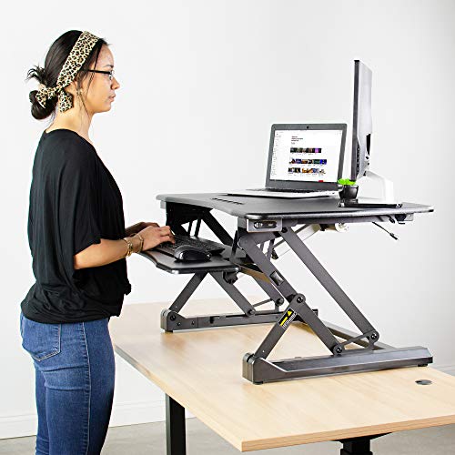 VIVO Black Electric Height Adjustable 36 inch Standing Desk Converter, Sit Stand Tabletop Dual Monitor and Laptop Riser Workstation, DESK-V000EB