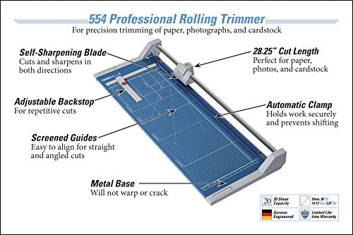 Dahle 554 Professional Rolling Trimmer, 28-1/4" Cut Length, 20 Sheet Capacity, Self-Sharpening, Automatic Clamp, German Engineered Paper Cutter