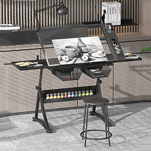 FLaig Drafting Desk with Adjustable Glass Top and Storage