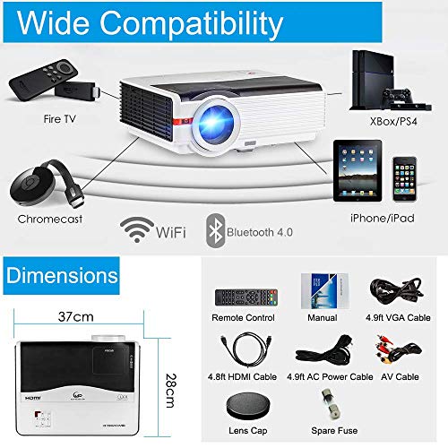 Bluetooth Projector WIFI 5000 Lumens Android Wireless Home Theater Cinema Support Full HD 1080P 200" with HDMI USB VGA Port for iPhone iPad PC Smartphone