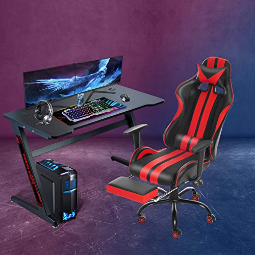 FERGHANA Gaming Desk Z-Shape Large Size 47 inch, Black Gaming Computer Desk with Carbon Fiber Surface, Durable Frame, Racing Style for Home, Office,Dormitory,Internet Bar(Black)