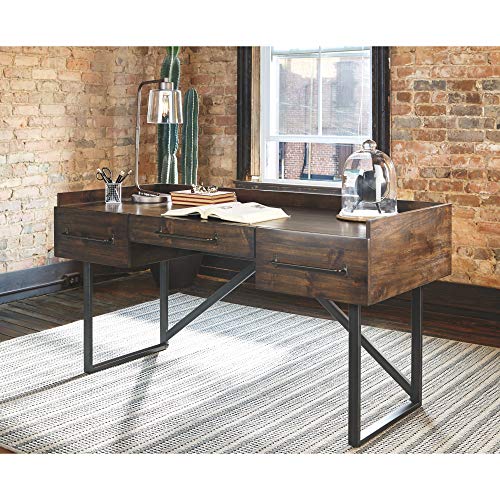 Ashley Furniture Signature Design - Starmore Home Office Desk - 3 Drawers w/ Dovetail Construction - Dark Bronze Tubular Metal - Contemporary - Dark Brown Rustic Finish