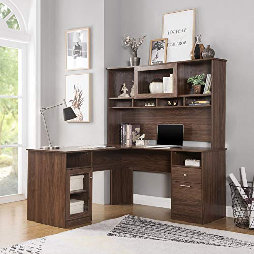 Computer Desk Study Writing Table with Drawers L-Shaped PC Laptop Desk Gaming Table with Hutch and Glass Doors for Home Office, Heavy Duty Sturdy Wooden Workstation with Shelves and File Cabinet Brown