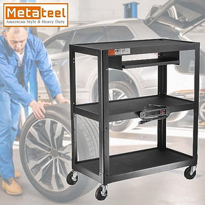 Metateel Heavy Duty 3 Tier Rolling Cart with Power Strip - Durable Utility Cart - 300 LB Capacity