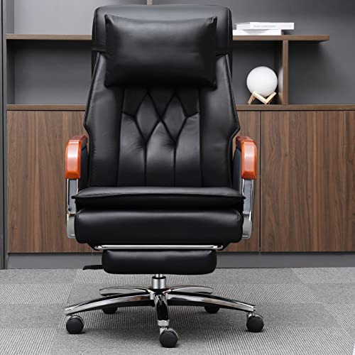 Kinnls Cameron Office Massage Chair with Footrest (Black Cowhide Leather)