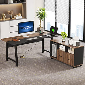 Tribesigns Extra Large L-Shaped Executive Desk with Power Outlet, File Cabinet, and Printer Stand