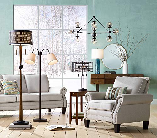 Franklin Iron Works Modern Farmhouse Floor Lamp 64" Tall Bronze Cherry Wood Double Drum Shade