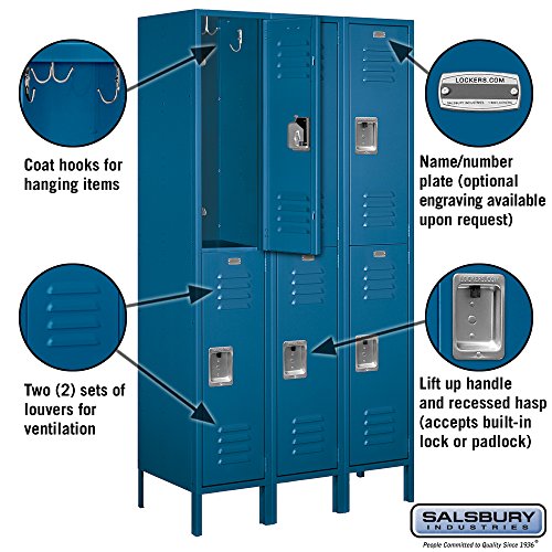 Salsbury Industries 52368BL-U Double Tier 45-Inch Wide 6-Feet High 18-Inch Deep Unassembled Extra Wide Standard Metal Locker, Blue