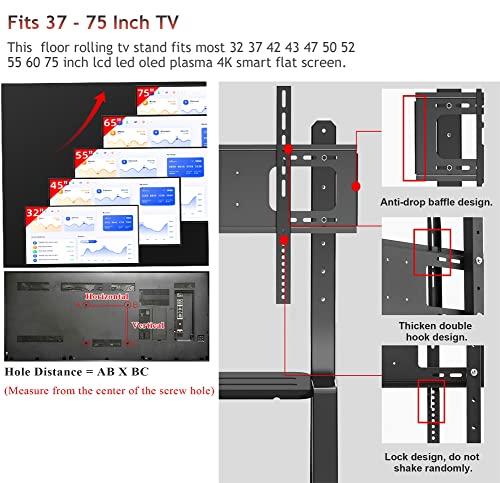 YokIma Heavy Duty TV Cart with AV Shelf & Wheels, Fits 32-75 Inch Screens, Up to 150Kg