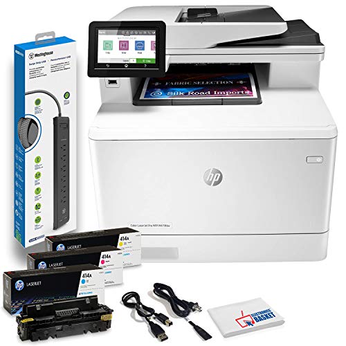 HP Color Laserjet Pro MFP M479fdw Wireless Laser All-in-One Printer, Copier, Scanner, Fax, W1A80A#BGJ with Power Strip Surge Protector + Electronics Basket Microfiber Cleaning Cloth