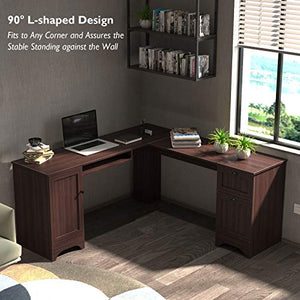 Tangkula 66.5” ×66.5” L-Shaped Desk, Modern Corner Computer Table with Drawers and Adjustable Shelf, Study Writing Table Workstation for Home Office (Coffee)