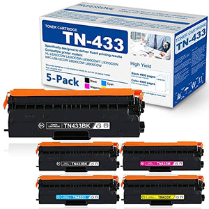 5 Pack 2BK+1C+1M+1Y [High Yield ] Compatible TN433 TN-433 Toner Cartridge Replacement for Brother MFC-L8610CDW L8690CDW L8900CDW L9570CDWT Printer Ink Cartridge,Sold by MICHESTA