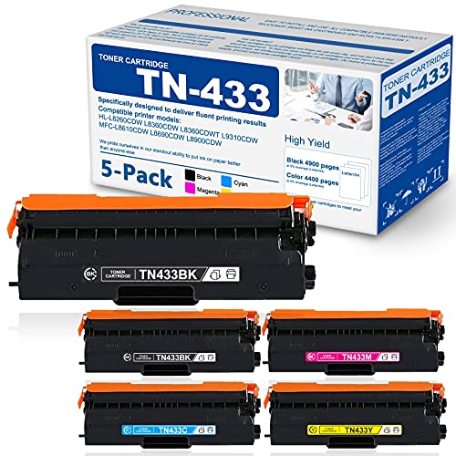 5 Pack 2BK+1C+1M+1Y [High Yield ] Compatible TN433 TN-433 Toner Cartridge Replacement for Brother MFC-L8610CDW L8690CDW L8900CDW L9570CDWT Printer Ink Cartridge,Sold by MICHESTA