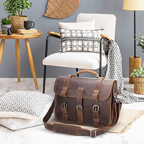 Polare Full Grain Leather 16'' Briefcase Shoulder Messenger Bag Fit 14-15.6'' Laptop Case For Men