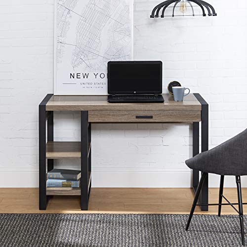 Walker Edison Modern Industrial Computer Gaming Desk Storage Shelves and Drawer with Electrical Outlet Home Office, 48 Inch, Driftwood