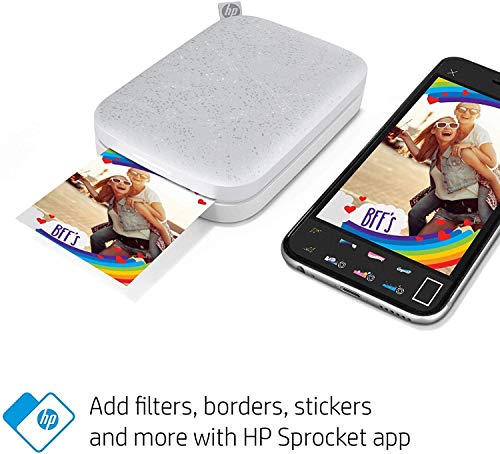 HP Sprocket Photo Printer, (2nd Edition) Print Social Media Photos on 2x3 Sticky-Backed Paper (Luna Pearl) + Photo Paper (50 Sheets) + USB Cable + 60 Decorative Stick-On Border Frames