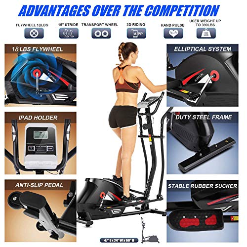 FUNMILY Elliptical Machine, Cross Trainer Cardio Fitness Equipment with 10 Level Magnetic Resistance, LCD Monitor, 390 LBs Max Weight for Home Gym Use (EM530) (Black)