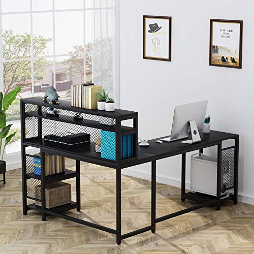 LITTLE TREE 67 inch Large L-Shaped Computer Desk with Hutch and Bookshelf, Home Office Desk with Storage Shelves and CPU Stand, Corner Desk Study Writing Gaming Table Workstation (Black)