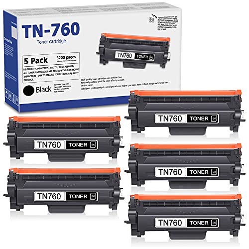 5 Pack Black TN-760 Compatible High Yield Toner Cartridge Replacement for Brother TN760 MFC-L2710DW L2750DW L2750DWXL HL-L2350DW L2370DW/DWXL L2390DW L2395DW Printer Toner Cartridge,Sold by JETACOLOR.