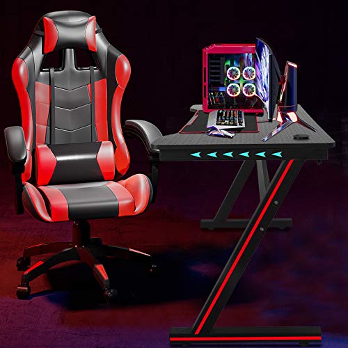 Gaming Desk, 47.2 Inch PC Computer Desk with LED Light - Weight Capacity 330 LBS, Black Gaming Workstation, Home Office Desk, Z-Shaped Gamer Workstation, Best Gift for Men Boyfriend Female (US Stock)