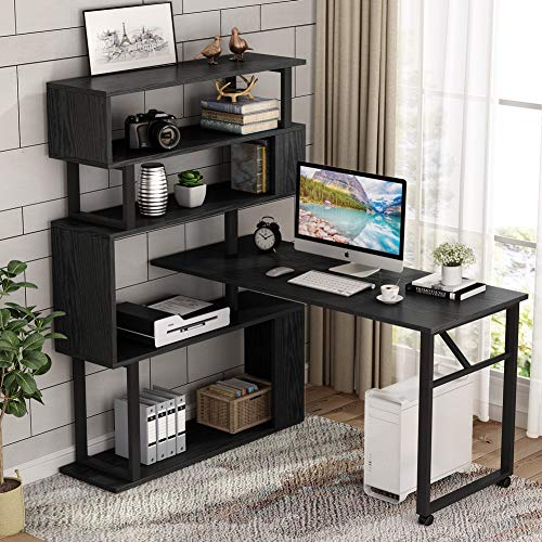 Tribesigns Rotating Computer Desk with 5 Shelves Bookshelf, Modern L-Shaped Corner Desk with Storage, Reversible Office Desk Study Table Writing Desk on Wheels for Home Office (Black)