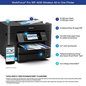 Epson Workforce Pro WF 4829 Wireless All-in-One Color Inkjet Printer - Print Scan Copy Fax- 25 ppm, 4800 x 2400 dpi, 4.3" Touchscreen, Auto 2-Sided Printing, 50-sheet ADF, 500-Sheet Capacity, Ethernet