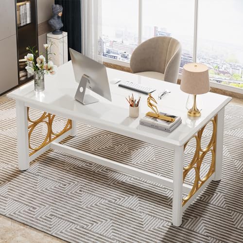 Tribesigns 63" Conference Table with Gold Legs, Glossy Surface - White & Gold