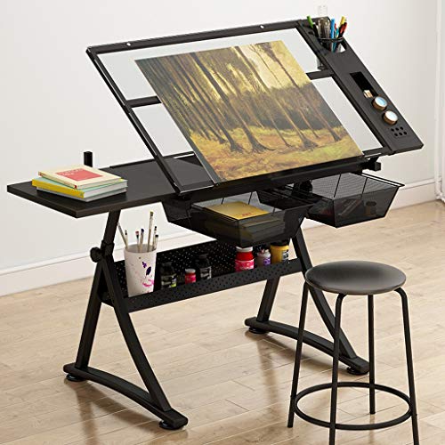 Lgan Drafting Table with Storage, Height Adjustable Tiltable Art Desk, Glass Panel Drawing Desk, for Work Study Painting Craft Table