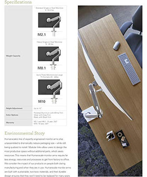 Humanscale M8.1 Adjustable Monitor Arm with Two Piece Clamp Mount and Base - Silver M81CMSBTB